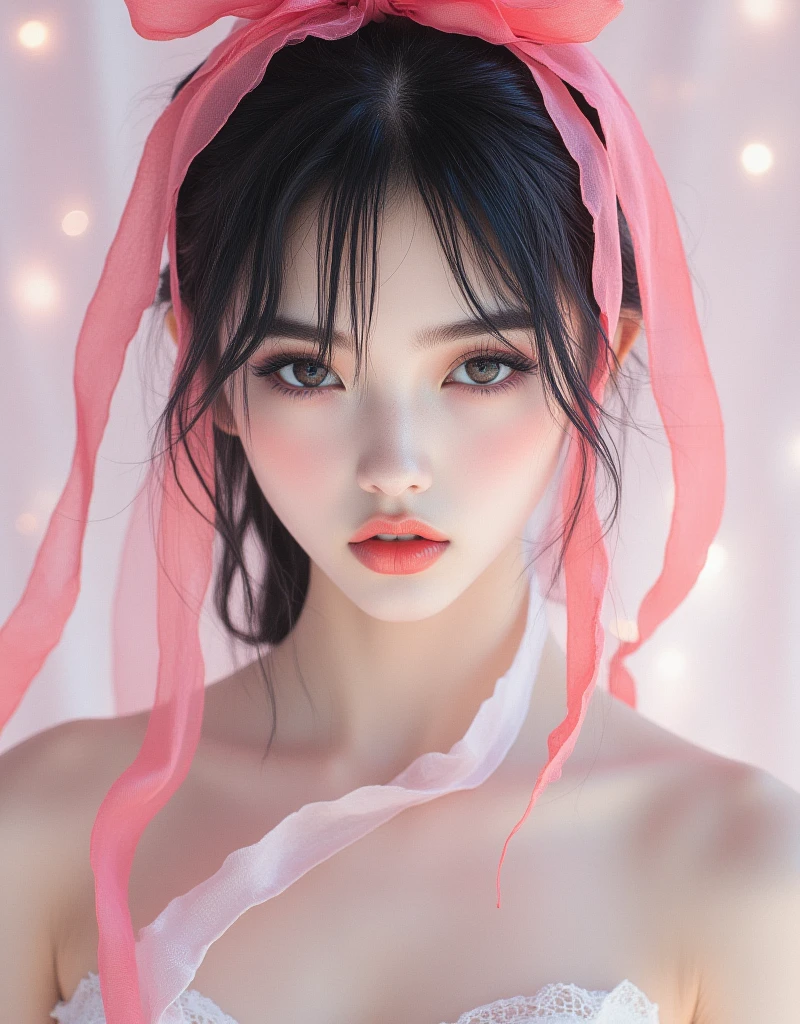 1 girl, long black hair, pink dress, fairy spirit, delicate makeup, orange lipstick, big eyes, grey eyes, perfect figure, Chinese