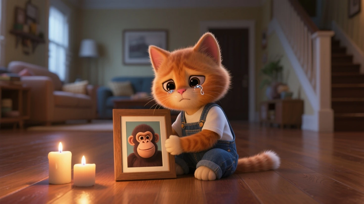 a boy looking to a plate on a table; on this plate there is a bread with gem; there is a cat sleeping on the floor behind this boy
