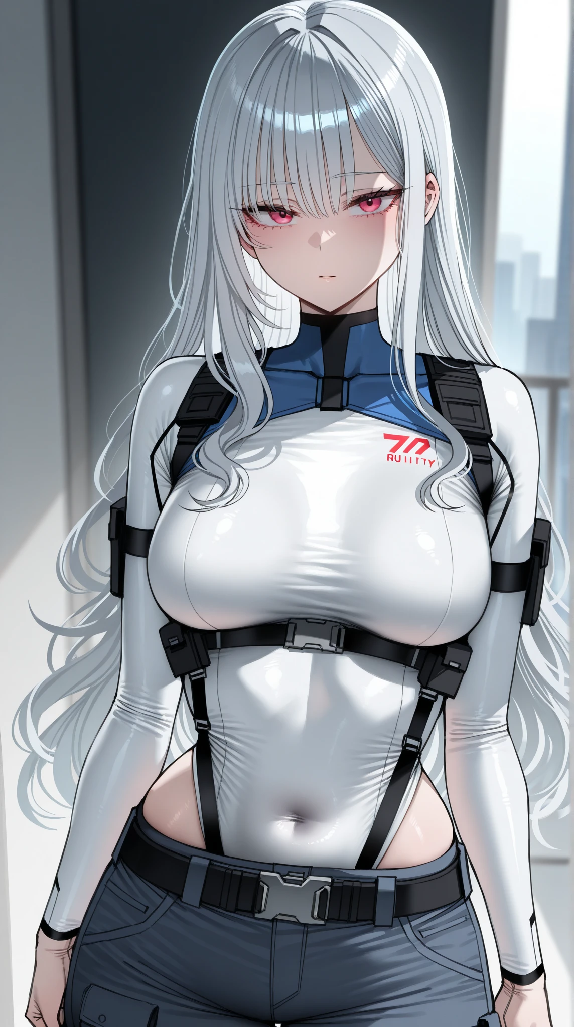 Best Quality, 8k, High resolution, high quality, masterpiece, Beautiful, (Anatomically correct:1.2), A beautiful woman, 20th Generation, Silky gray hair, Straight Long, long bangs that hide one eye, Red eyes, Beautiful Skin, Tall and toned body, pointy big breasts, Rider Suit, Scarf, carry a gun on one&#39;s back, night, skyscraper, evil grin, (looking up), upper body,