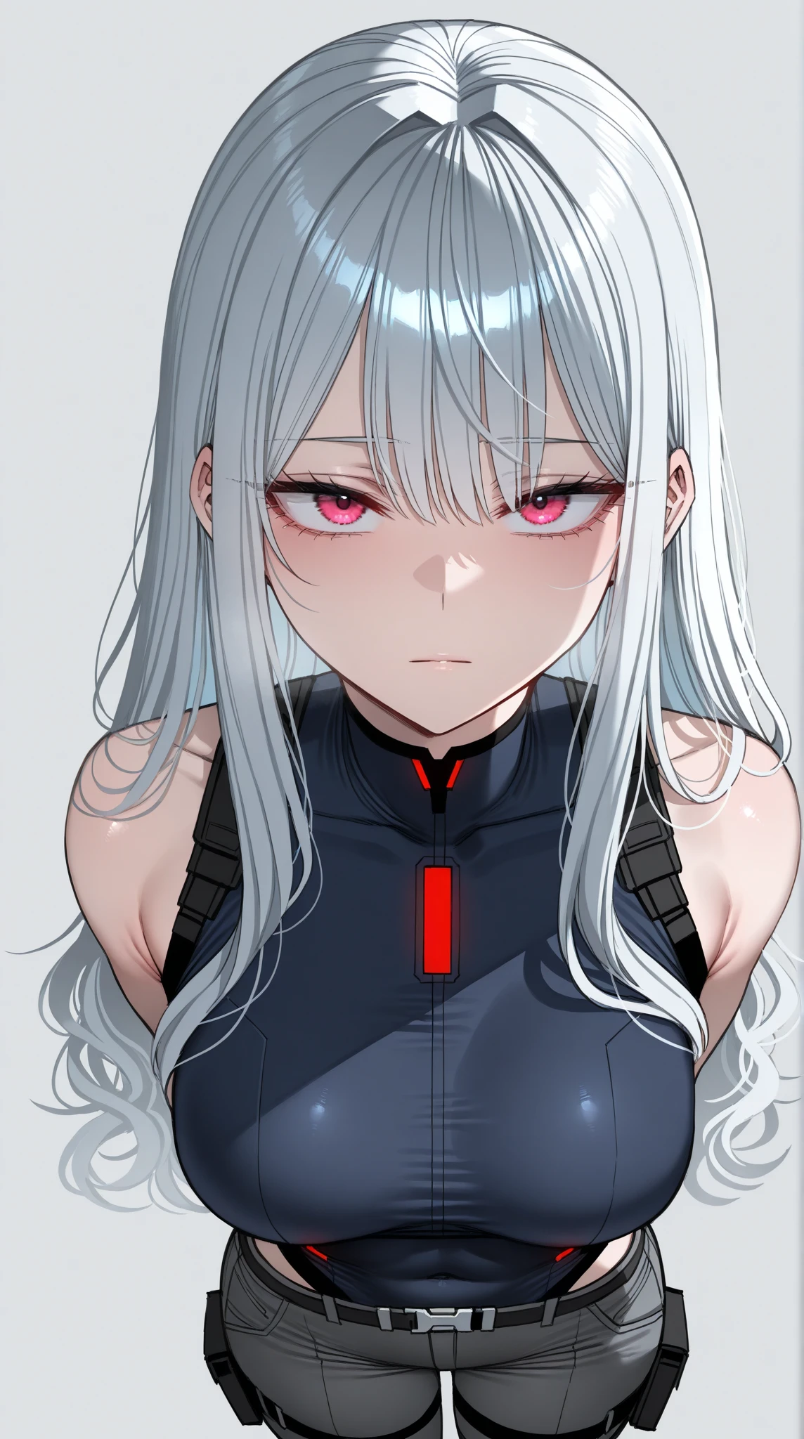 older girl with long light grey hair, grey eyes, and has an apathetic expression on her face