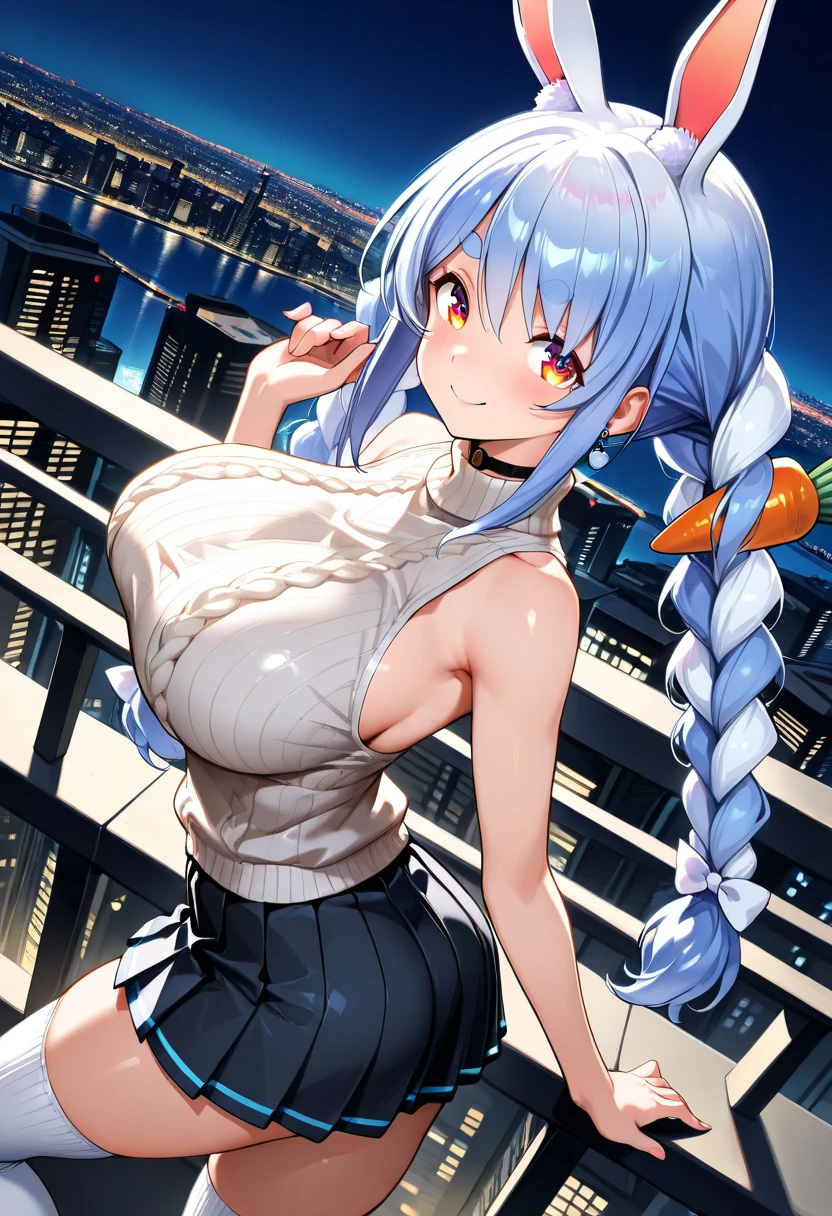 masterpiece, best quality, ultra-detailed, extremely detailed,illustration, chidorigafuchi_aine, 1girl, solo, sweater, turtleneck, long sleeves, bare shoulders, denim, long hair, red eyes, blue hair, large breast, hair between eyes, blush, smile, looking at viewer, cowboy shot, city, <lora:chidorigafuchi_aine:0.5>