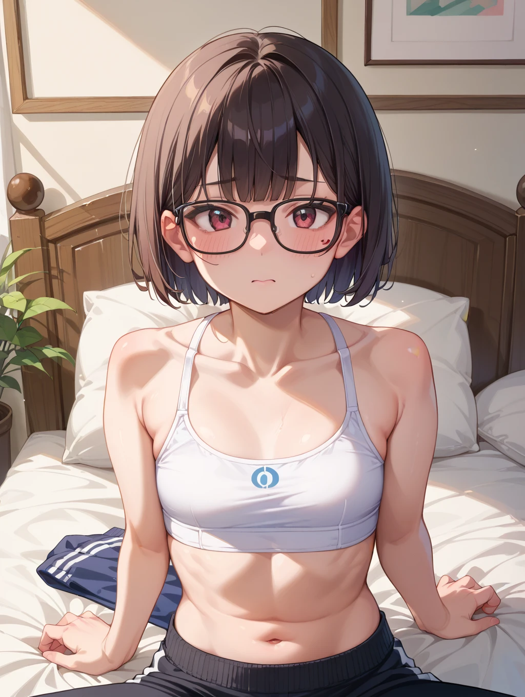 One Girl、Otaku、Geek、Messy room、((Changing clothes、Undressing、Bra is visible、belly button))、Medium chest、Training wear、Jersey、Glasses、Sleepy eyes、Sulky look、Shaggy Hair、Bouncy hair、Watching the audience、Upper Body、computer、tv set、Looks dirty、Scratching hair、Angle from above、Sitting on the floor、sitting cross-legged、Garbage bag、Garbage can、Rolled tissue paper、Close one eye、△ Mouth、