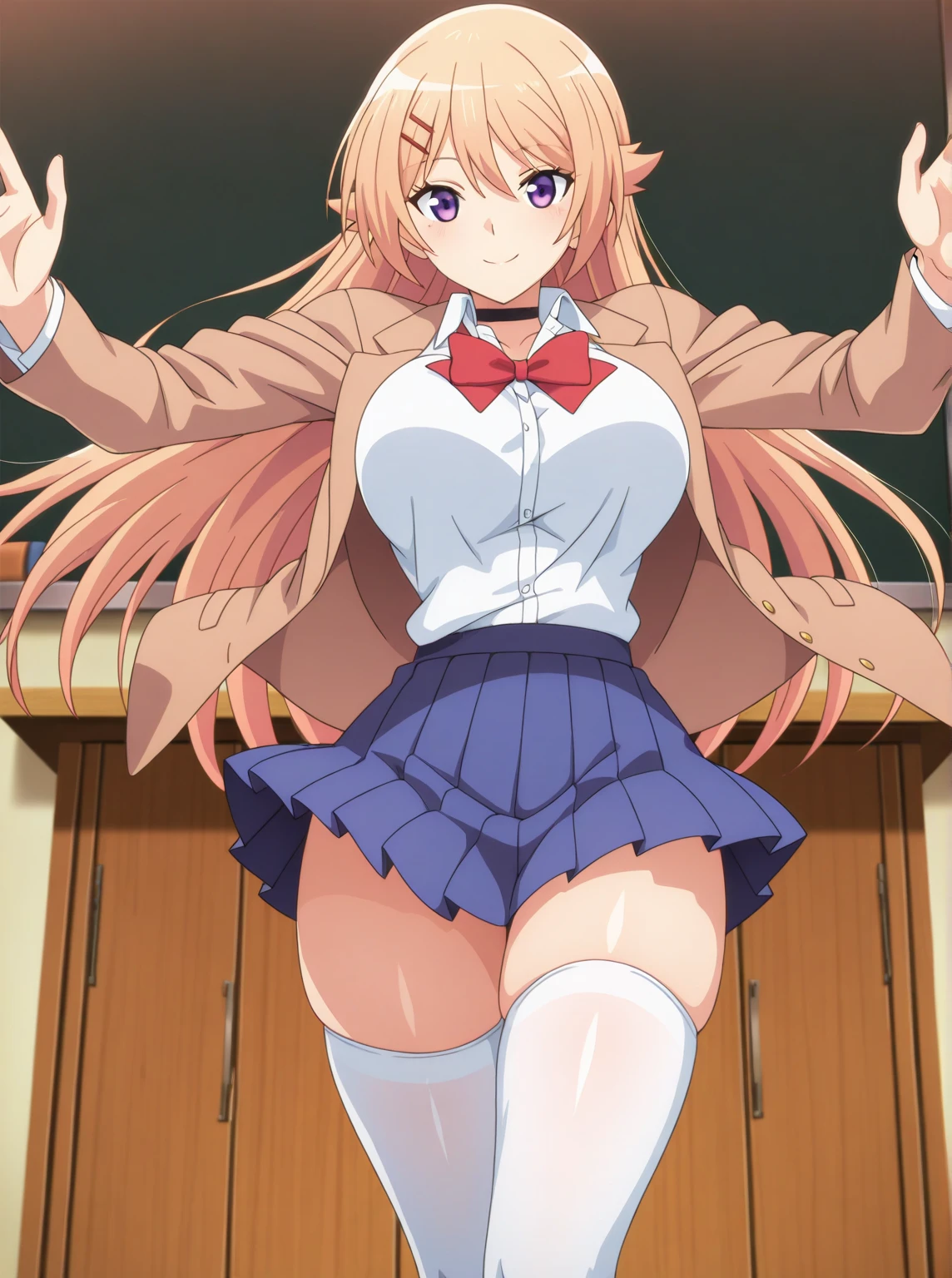 ((1girl)),((alone)),ogata rizu,(masterpiece), (best quality), (ultra detailed), (best illustration), (best shadow), (absurdities), sharp focus, cowboy shot , dynamic posture looking at the viewer, big breasts, narrow waist, wide hips, wide thighs, round butt, erotic, romantic, (very detailed eyes, lips 1.1), very detailed eyes, eyes, Very detailed face, Very beautiful face, height full, beautiful slim figure, femininity, expressive appearance, elastic big breasts, increased sexuality, ((without glasses: 1.4)), orange hair, long hair, light blue blouse: 1.4, opening in the chest: 1.3, sleeve to the elbows: 1.2, sleeve, pink skirt: 1.4, knee-length skirt: 1.3, bare legs: 1.2, red heels: 1.3, defined body, perfect and beautiful body, perfect and beautiful, mouth closed, calm expression, blushing, (pose sexy: 1.2), ((only)), standing: 1.3, indoors, library, bookshelf, books, table, window, sunset, looking forward, ((focus on legs)), point of view (from below) , red blush, perfect anatomy, perfect hands,