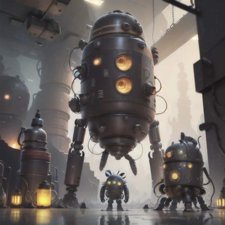 robot is standing in a room with a fish tank,the robot's head is a glass dome,vacuum tube shining in the head,the face is a cylinder that goes up and down, The mouth is an air conditioner outlet,fantasy alchemist's laboratory, Roland Zilvinsky's 3D rendering art, 3d renderingビープル, 4K High Definition Digital Art, Futuristic Chemical Laboratory, cute, Exquisite , Spectacular robot, 3d renderingデジタルアート,  3D epic illustration , 3d rendering、stylish, raising its hand at the steampunk laboratory