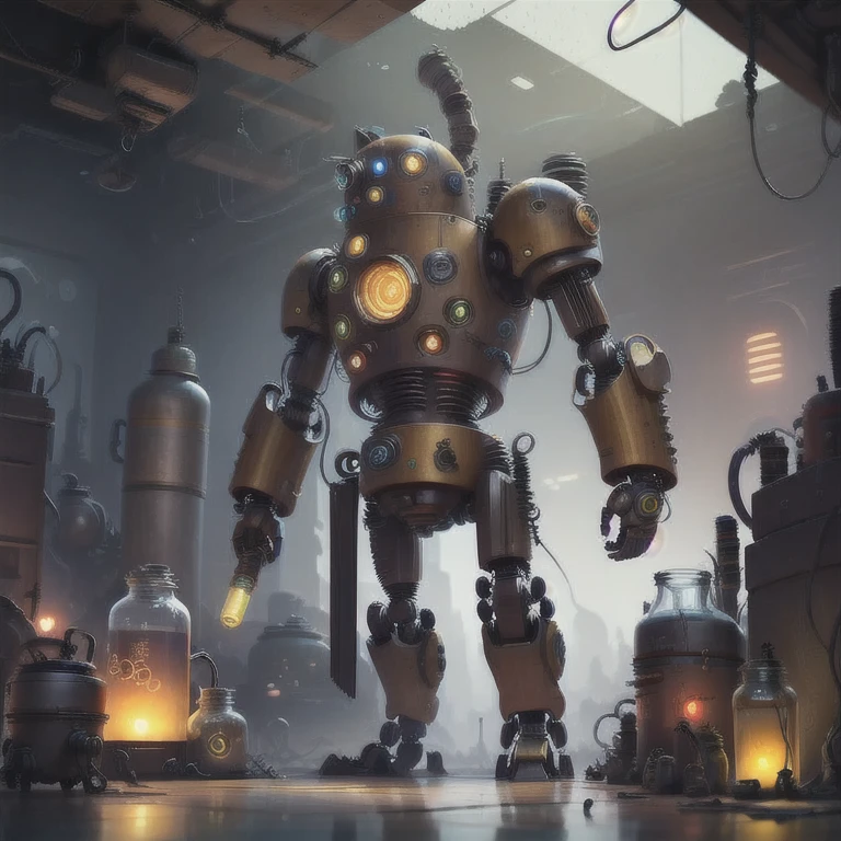 robot is standing in a room with a fish tank,the robot's head is a glass dome,vacuum tube shining in the head,the face is a cylinder that goes up and down, The mouth is an air conditioner outlet,fantasy alchemist's laboratory, Roland Zilvinsky's 3D rendering art, 3d renderingビープル, 4K High Definition Digital Art, Futuristic Chemical Laboratory, cute, Exquisite , Spectacular robot, 3d renderingデジタルアート,  3D epic illustration , 3d rendering、stylish, raising its hand at the steampunk laboratory