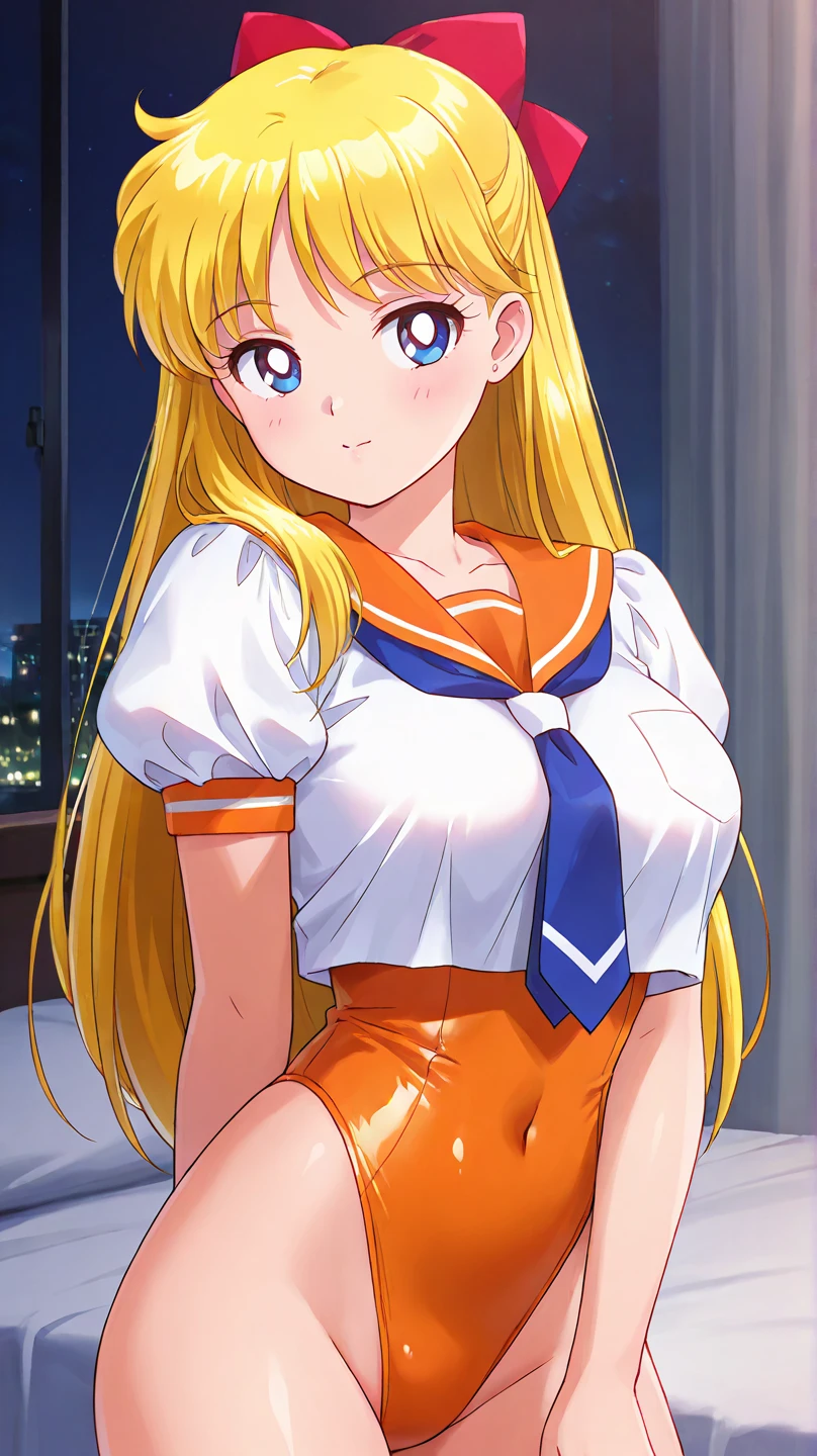1girl, Angle from the front, ((Sitting and showing off her panties)), (Moonlit night)、(On the roof of a building)、thighs、(shiny White skin:1.6)、blue eyes, ((Slim figure)), (12 years old girl), (A sadistic and malicious grin), ((pantiess))、(grin), (Shiny blonde hair)、Long hair, (forehead), (feet), Blue ribbon on chest, (Big red ribbon), ((Sailor Venus))、Sailor suit、(Orange pleated mini skirt)、panties, sexy pose, (The abdomen is exposed)、