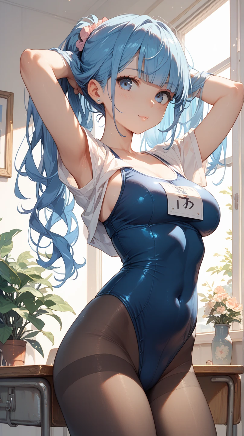 masterpiece、Highest quality、Best image quality、High resolution、Big Breasts、Black school swimsuit、Muji school swimsuit、Blue hair、Blue Eyes、Twin tails