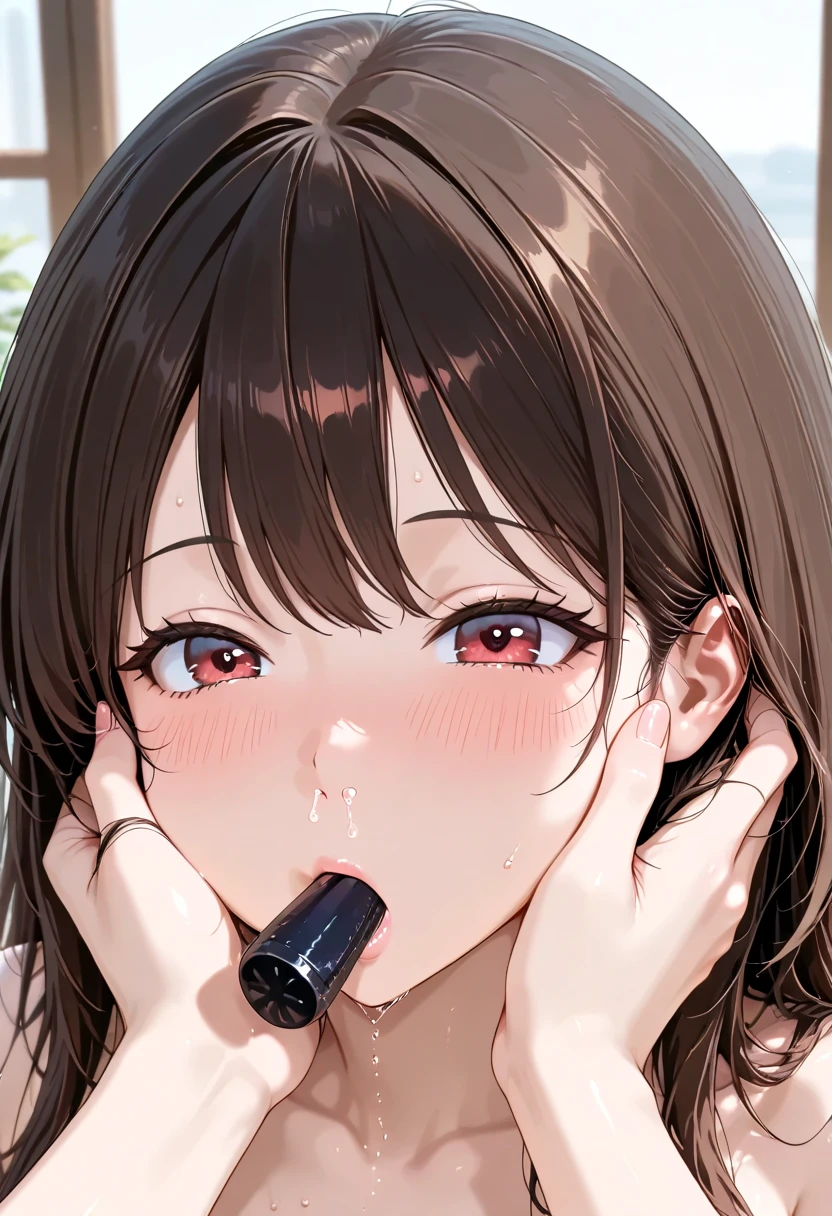 Highest quality, Soft Light, Ultra-high resolution,People Girls, alone, sexy, (Ecstatic face), (Brown eyes), Beautiful face in every detail,(High resolution detail of human skin texture), (Long brown hair), break, bed,bra,(Fellatio gestures:1.1), (Open your mouth:1.2),tongue,White Skirt,(Sweat:1.3),Sigh