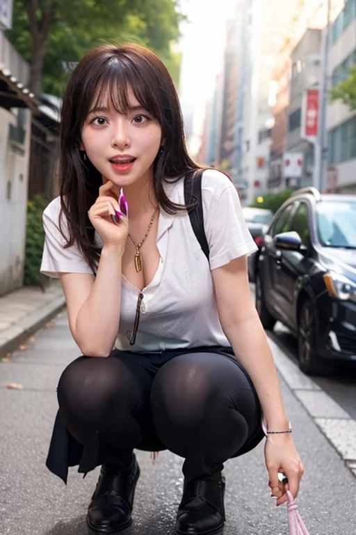 A 27-year-old mixed-race female lawyer who loves playing outside., Sexy and、She is wearing a short skirt, white blouse, and black short boots.,I love to laugh, her hair is a mixture of red and black, she has blue eyes and a serious look, her background is dreamy