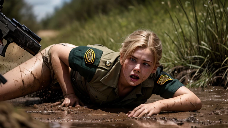 Masterpiece, High resolution, Raw photo, (realistic:1.3), High Detail, best quality, ((photorealistic)), beautiful face, (realistic body:1.2), erotic,
(1 young curvy girl), ((short sleeves safari shirt)), trekking boots, ((pubic hair)), (squatting on the muddy ground), (((peeing))), hairy pussy, puffy nipples, ((short cut hair)), (shame expression), ((bare lower body)), view from back