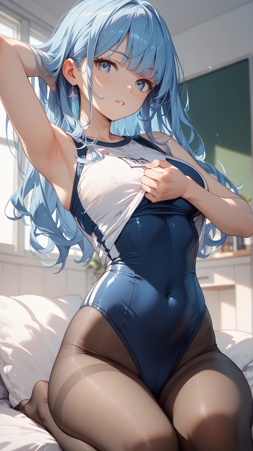 (best picture quality, 4K, high quality, masterpiece::1.2), ((masterpiece)), high detail, high quality, best picture quality, high quality, bokeh, DOF, Portrait, high-resolution, ultra-detailed, best-quality, extremely cute, round face, bedroom, (embarrassed, crying hard:1.2), full body, (white competition swimsuit1.2), teenage girl, wavy blue hair, (armpits, spread legs:1.1), (peeing:1.3)