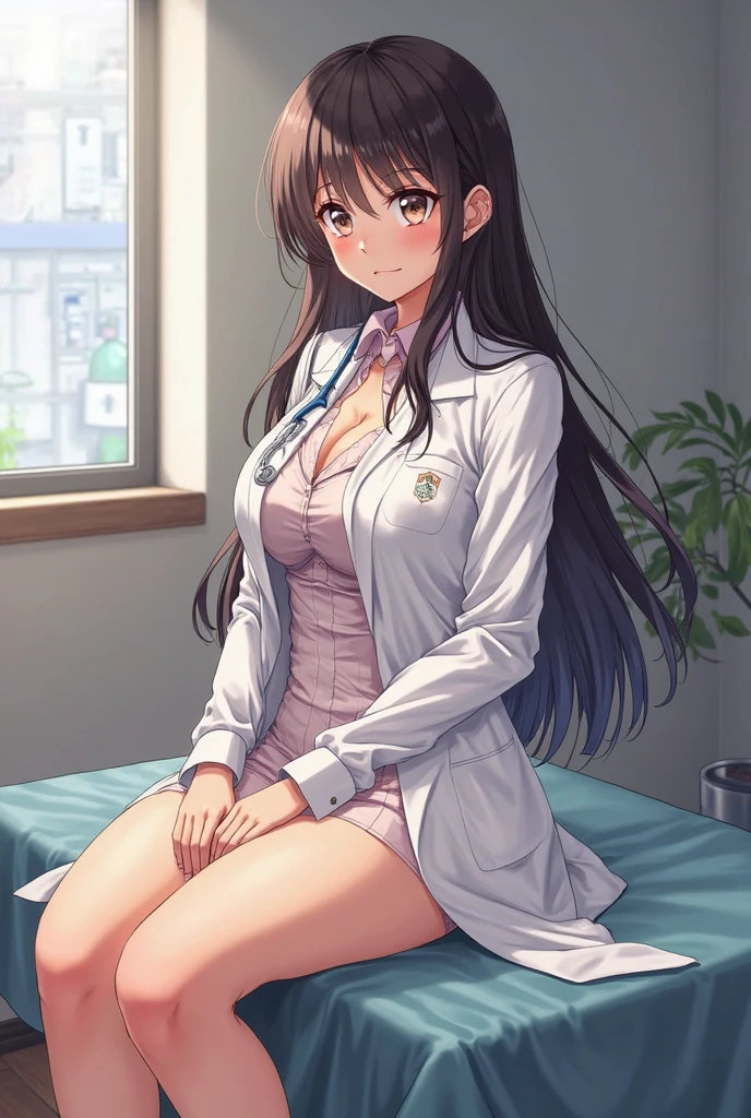 ((Tabletop, Highest quality, High resolution, , Pixel Perfect, 4K,))), 1 female teacher, single, alone, beauty、The whole body is visible、 ((Medium Wavy Hair, bangs, Brown Hair)), ((Brown eyes, Beautiful eyelashes, Realistic eyes)), ((Detailed face, blush:1.2)), ((Smooth texture:0.75, Realistic texture:0.65, Realistic:1.1, Anime CG style)), Center of chest, Dynamic Angle, Perfect body, (( , , Wearing a white coat、Female doctor、、, 、))、、Very embarrassing panic smile, 、black flared skirt、classroom、Sit on a chair、Please lift up your skirt and show me your pants.、、(Showing off her white and pink floral lace panties、)、Angle from below)、