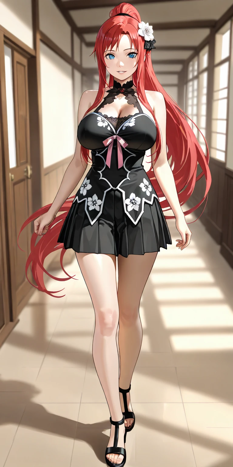pink-hair red-hair,red-eyes,milf,Droopy eyes.chin mole、big-breast,35-year-old woman、milf、Red ruffled shirt、Black ruffled skirt、Full body portrait、long-hair,straight-hair,standing、red-lips-makeup,、Full body portrait1.2、Plump legs