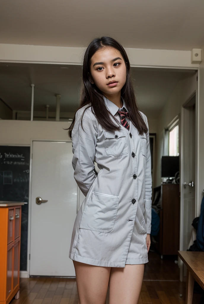 A girl from a psychiatric hospital stands in a padded room with a gloomy smile.