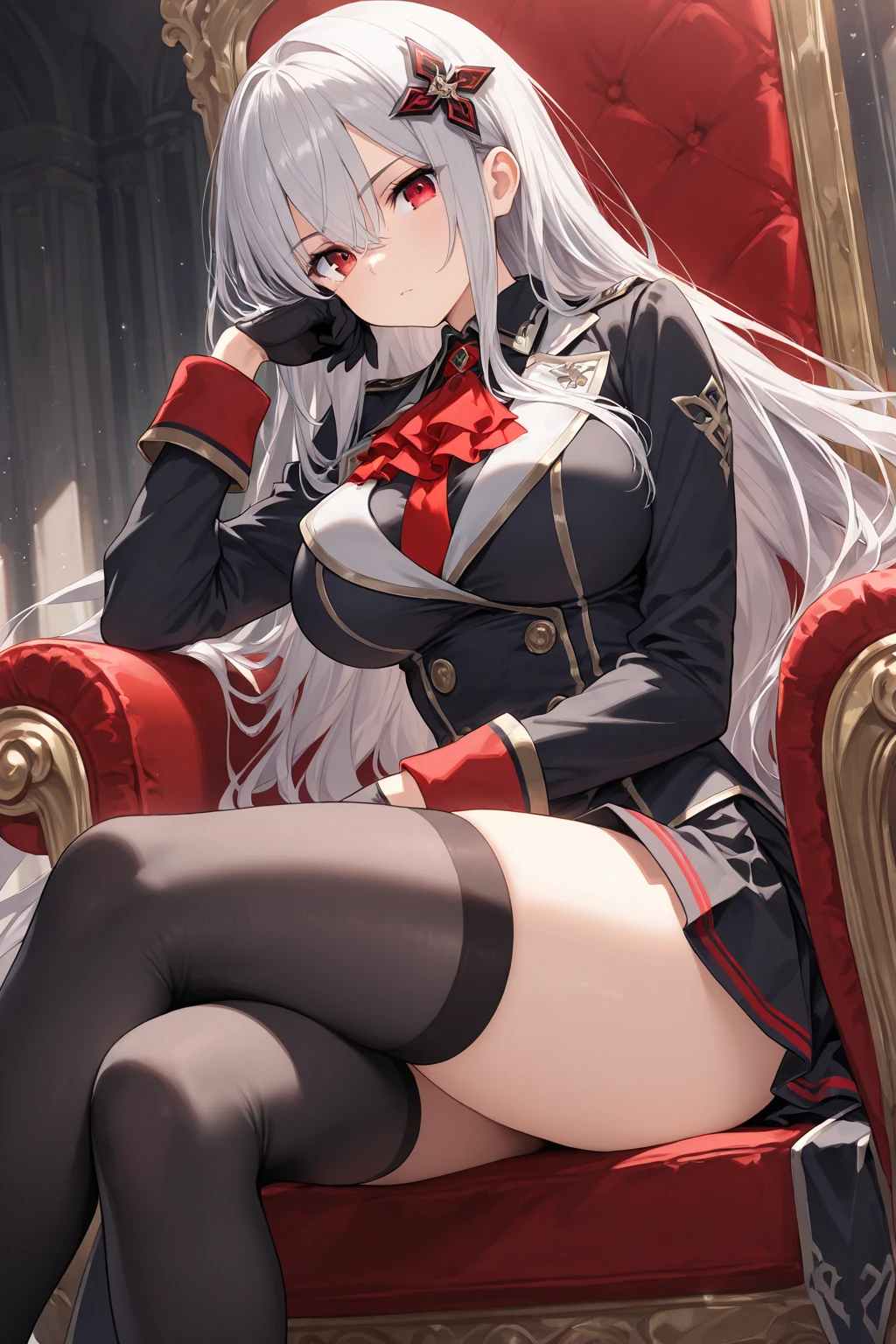 (Masterpiece, side-lighting, fine detailed beautiful eyes: 1.2), luscious skin,((Solo)),(Scarlet eyes),Hanging eye corners,(highdetailskin),(perfect bodies),A beautiful steampunk girl,little breast,((Uniforms that include a small bust blazer)),(Satin collar),(Short gloves are as short as half the palm of your hand),lacepantyhose,high-waist pants