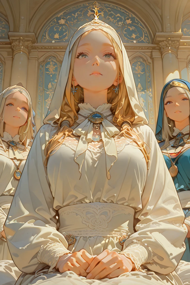 three girls with huge breasts very realistic, robe