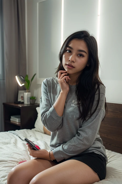 (Masterpiece, Best Quality: 1.4), Girl, Solo, Beautiful Face, 8K, Absurd, Above the Knees, Long Hair, Pink Shirt, Beautiful Long Legs, Looking at Camera, Big Breasts, Light Makeup, Chromatic Aberration, Sharp Focus, Bright and Refined , (smile : 0.5) ) ), room, interior, gentle light [:detail face:10]