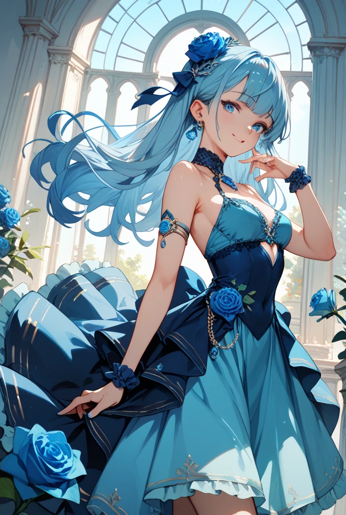 ((Highest quality)),(Ultra-high resolution),A dress with a flared skirt made of deep blue roses,Highly detailed CG Unity 8k wallpaper, , Earrings, Blue hair, Curly Hair, Blunt bangs, Straight bangs, Blue eyes, White skin, Gal, Improve、Flat Chest、Reduce exposure