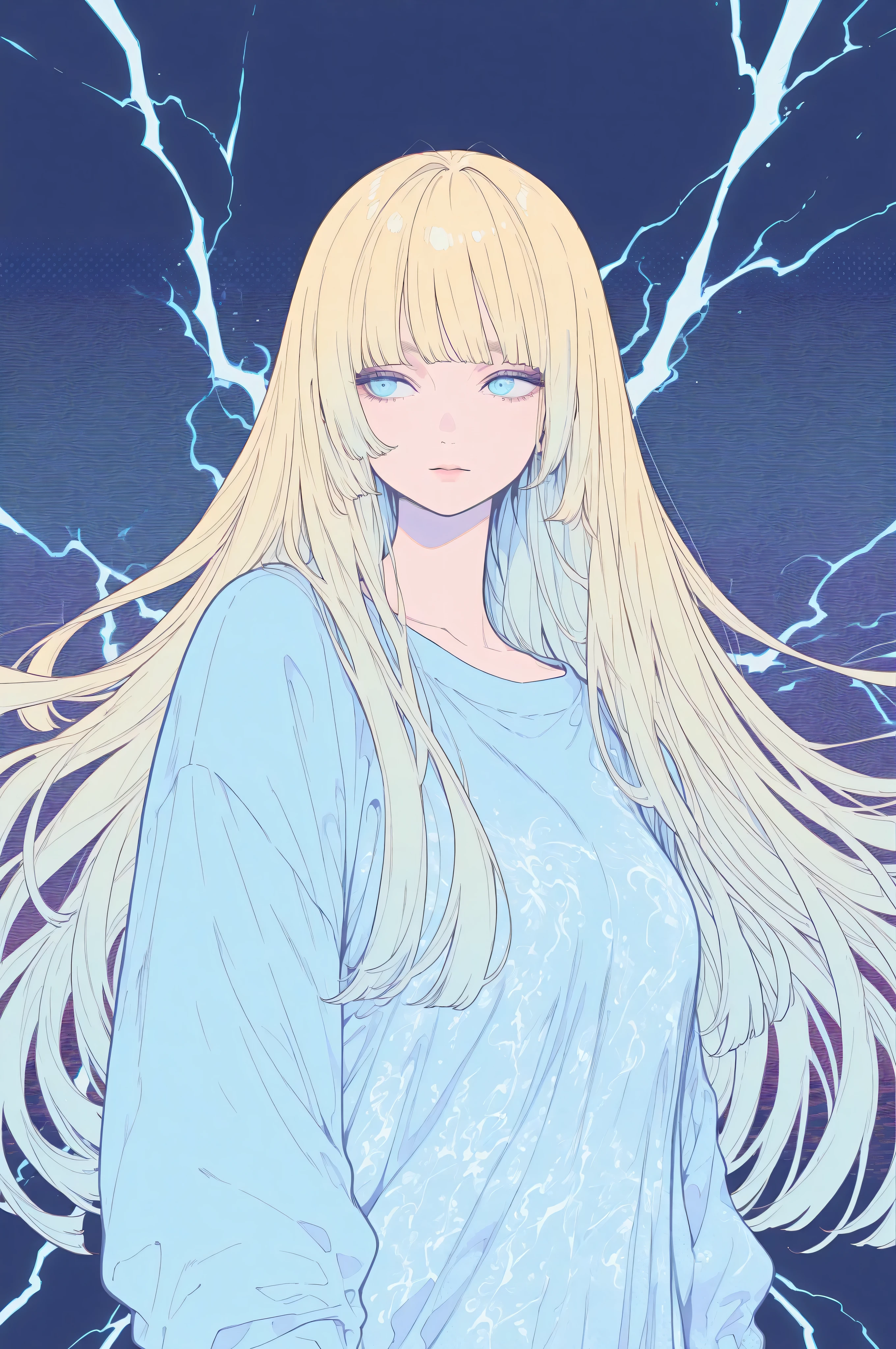 manimani,simple background,screentones, colorful,lineart,natural shadows, fantastic background,vivid,,long blond hair, blue eyes,mature, busty,hime cut ,street fashion,adult,thunder,mysterious,blue lightning