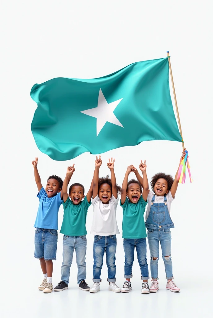 Somali boy swimming beach with backgroumg somali girls waering blue somali flag with somali airplane