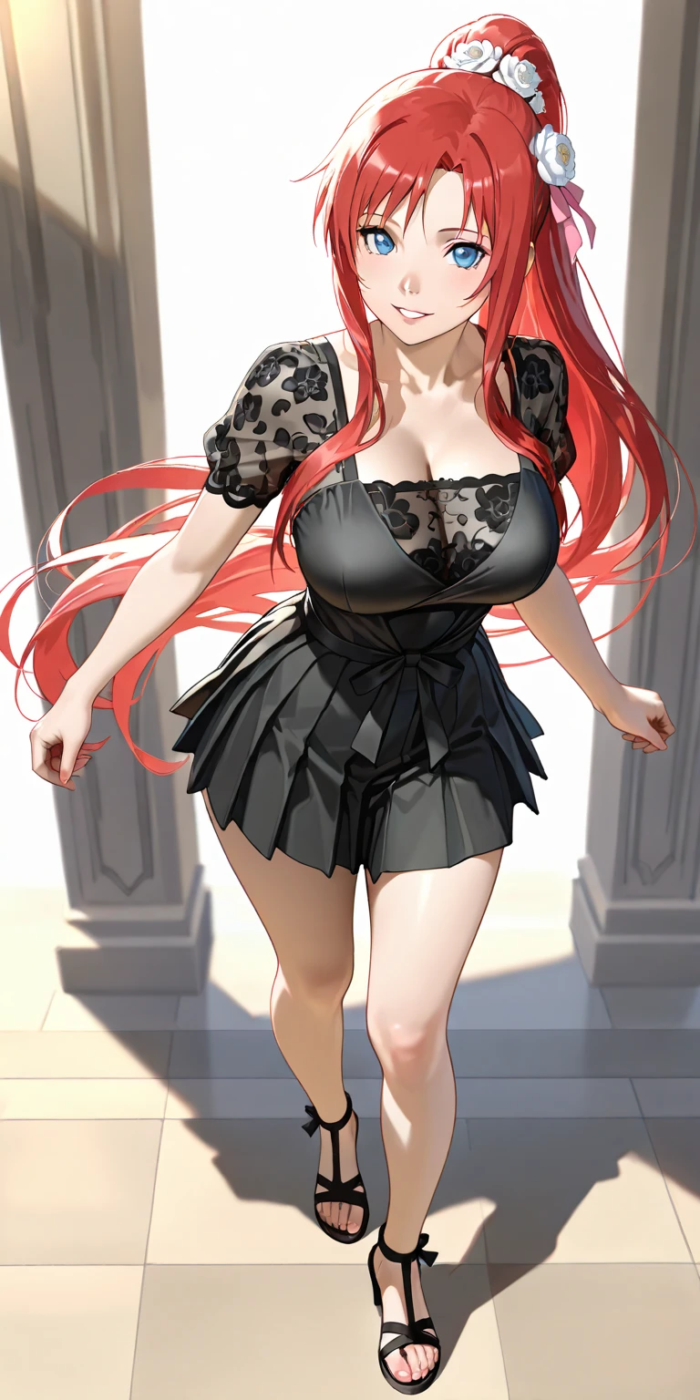 pink hair, long hair, red eyes, large breasts, serious, black dress, strapless dress, short dress, sleeveless, <lora:Usukeninja-10:0.7>