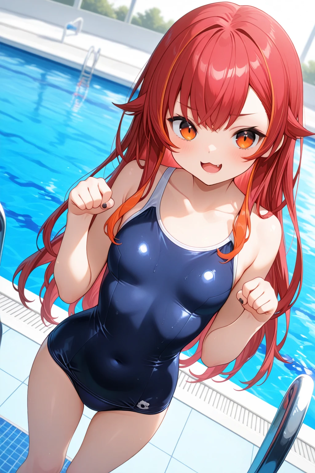 pieces fly、masterpiece、highest quality、Super detailed、High resolution、High resolution、8K portrait、High resolution CG of Unity 8k wallpaper、unity 8k wallpaper、cute:1.5、slender body:1.5、Highly detailed CG unity 8k wallpaper、realistic、real person、cute、 portrait photography、shiny skin、slender body、High resolution、Vermillion semi-long hair、(:1.2)、(1 girl)、(school poolside:1.6)、perfect face, seriously, (blush:1.5),(midium breasts:0.8),(navy blue school swimsuit:1.3),((Orgasm in the vagina:1.5)),(star hair ornament:1.2),(looking at viewer: 1.2),(angle from the front:1.2),(gran)