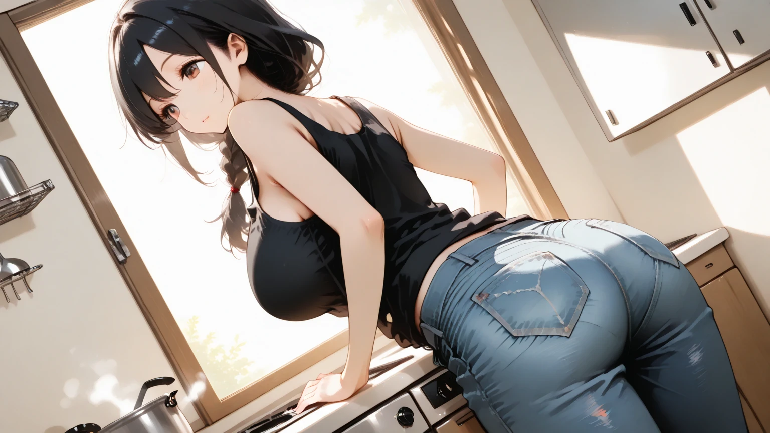 A girl whose face is stained with blood,Twin-tailed,very large breast,Very big ass、Squat,Tank Tops,low rise jeans,posterior view,Looks Back,put out the tongue,torture room,murky,8K,High quality,Super Detail,super precision,Bloody,chain saw,Horror movie,