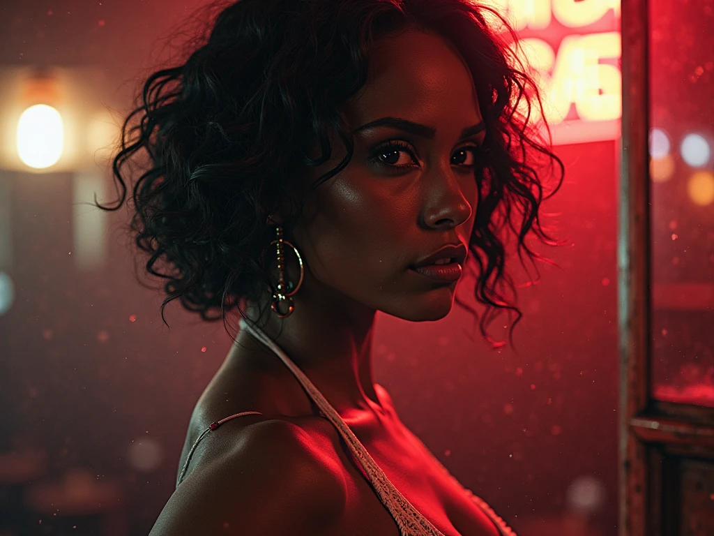 a woman with pink hair sitting at a table , 1girl, solo, short hair, black hair, brown eyes, jewelry, red hair, multicolored hair, blurry, two-tone hair, lips, depth of field, traditional media, realistic