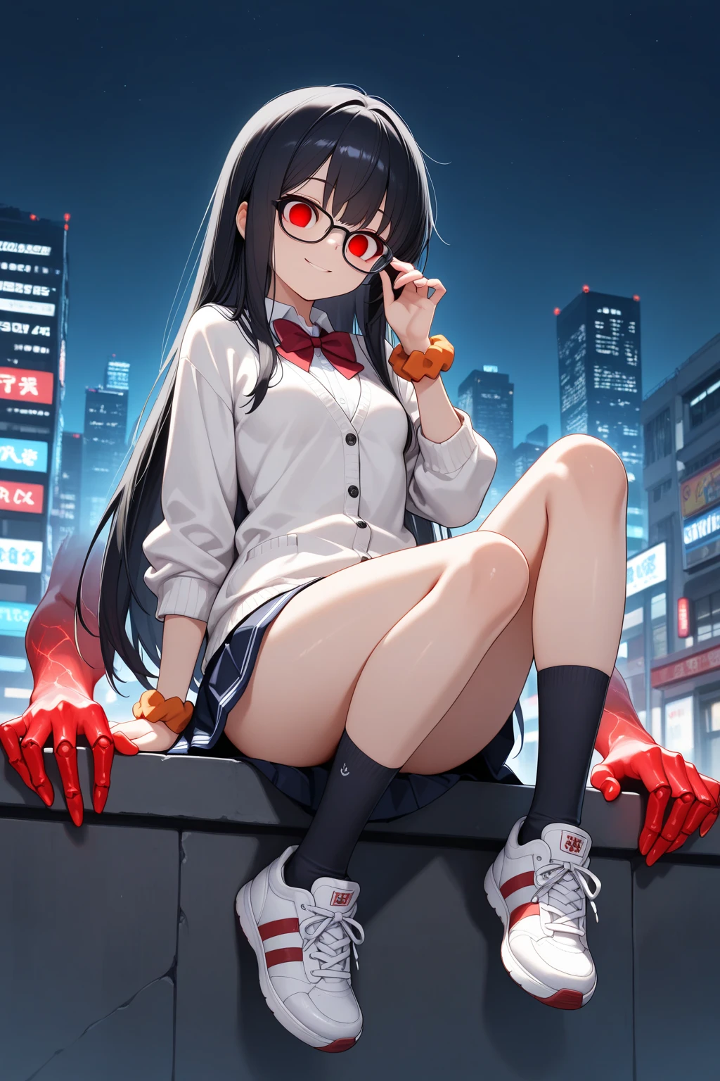 multiple girls, giantess art, a hyperrealistic , , highly detailed giantess shot, der riese, Shorthair, black pantyhose, A huge high school girl that is much bigger than a skyscraper。wearing rimless glasses。huge droopy breast, expose breast, grey blazer、Red bow tie、Mini Length Skirt, (bare foot:1.3), very small metropolis in miniiature metropolis。In a miniature metropolis that is only feet tall.Sitting down, cross-legged, Small trains and cars。Full body depiction。gts, giantess,stomping city,crash city,tiny city,micro city,