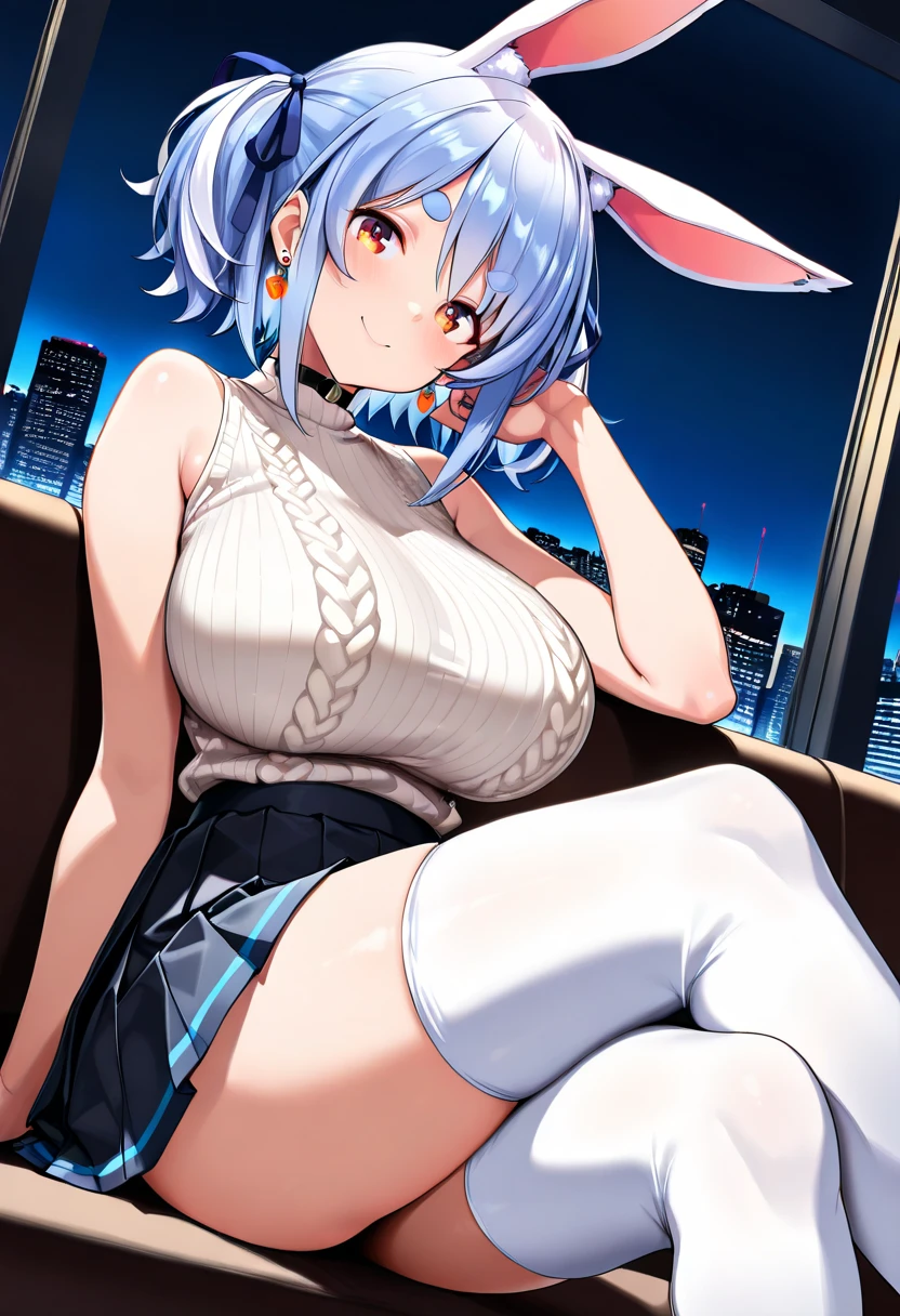 ((1girl)),((alone)), sylpha langlis,(masterpiece), (best quality), (ultra detailed), (best illustration), (best shadow), (absurdities), sharp focus, cowboy shot ,atmospheric perspective, depth of field, dynamic posture looking at the viewer, large breasts, narrow waist, wide hips, wide thighs, round butt, erotic, romantic, (very detailed eyes, lips 1.1), very detailed eyes, eyes, very face detailed, Very beautiful face, full height, beautiful slim figure, femininity, expressive appearance, elastic big breasts, sexuality, long hair, breasts, blush, blue eyes, light blue hair, big breasts, ((blue Playboy bunny suit:1.4 )), ((blue bunny ears)),((neckline:1.4)),((black pantyhose:1.3)), ((bare arms:1.4)), white wristbands, smile, hair between eyes, , curves, defined body, Perfect and beautiful body, perfect and beautiful, closed mouth, smile, happy smile, blushing, (sexy pose: 1.2), ((solo)), standing: 1.3,(( Castle: 1.5, room: 1.5, bedroom: 1.4, bed: 1.5, night: 1.5, window: 1.3, moon: 1.4, clear sky: 1.4)), looking forward, ((focus on hips: 1.4)), point of view: (from the middle), perfect anatomy, perfect hands