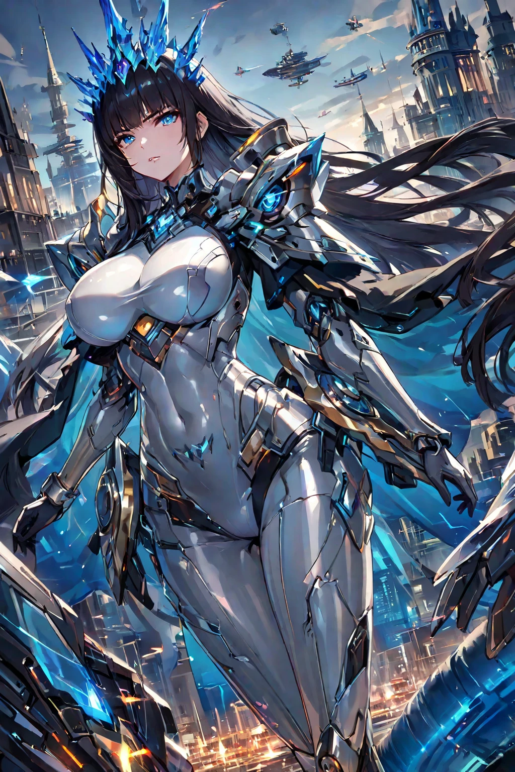 (best quality,highres,masterpiece:1.2),anime,portraits,studio lighting,ultra-detailed,professional,realistic,blue and long hair,pale skin,tall and beautiful,exoskeleton POWERsuit,dark blue,outer space,starship hangar, long legs,big boobs, oil on canevas, brushstrokes, Smooth, Ultra high definition, 8K, unreal enginee 5, Ultra Sharp Focus,, ArtGerm, Roisch, nffsw, intricate artwork masterpieces, sinister, matte painting movie poster, Golden ratio, Trending on CGSo