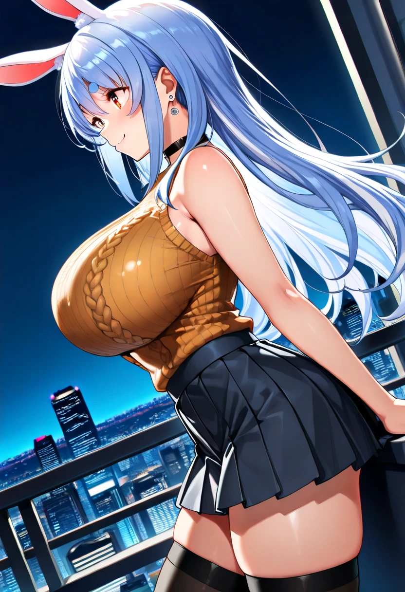 (((masterpiece:1.4, Best Quality:1.48K))), ultra high res, Physically Based Rendering, Full Body Shot, ultra Beautiful Sexy Woman, highlights in the eyes, long navy hair, big hair ribbon, (wind blows up her hair), gigantic Breasts, 24yo, embarrassed, blush, tears:1.2, open mouth, drooling:1.4, (off shoulder white knit, cropped:1.2, sleeveless, underboob:1.2), ((Naked from the waist down:1.2, no panties)), women having a naked orgy, A dick is inserted into a pussy, ((having SEX:1.2)), (squatting with spread legs wide), detailed beautiful pussy exposed:1.2, (cum in pussy:1.4), on the bed, ((rooftop of skyscrapers, at night:1.2)), from below:1.4,