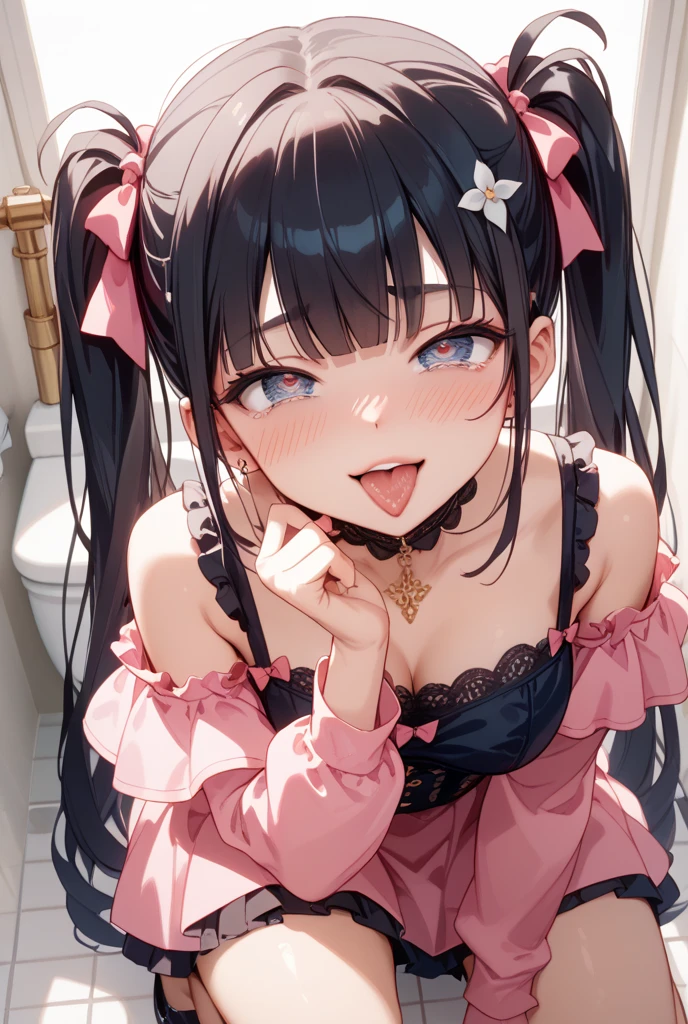 front view,1girl,Beautiful girl at 13 years old,Japanese,Slender,small breasts,Baby Face,Small face,Black Hair,Row Twin Tails,Gray Eyes,Drooping eyes,middle School girls,Sheer black and pink negligee,Sexy Lingerie,open mouth,tongue out,front face,Kneeling,Put your chin forward,Hands behind your hips,Beautiful and detailed anime art,A greedy look,crave,front view,high angle, looking at viewer, looking ahead, from above,face focus,Sexy vibe,cum on tongue,Dimly lit room,Beautiful room,On the bed,VIP Room,White Room,Simple room,blurry background
