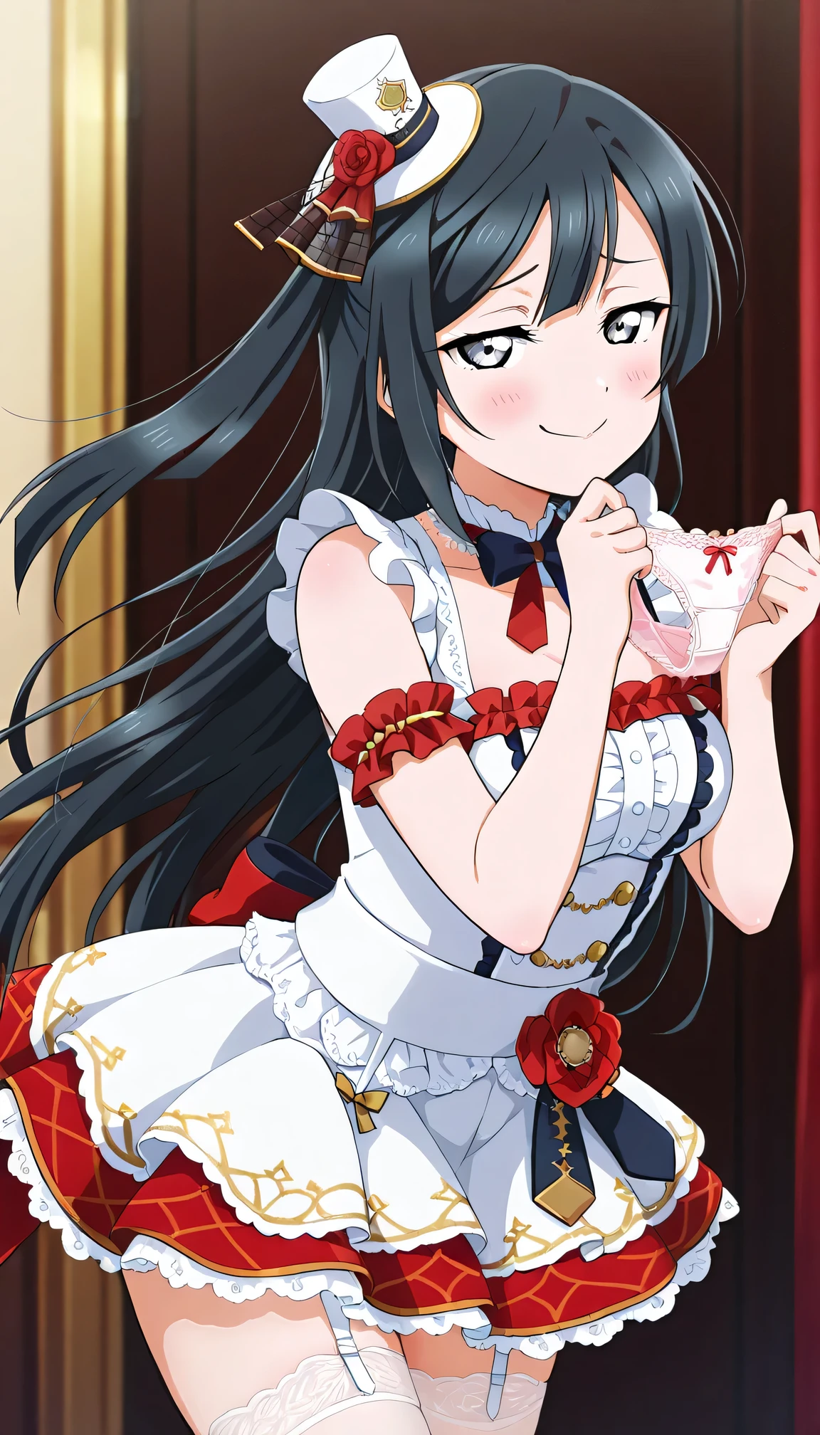 An image of Yuki Setsuna , flushed, Smug face,mini top hat, open neckline, short foldable white tights skirt with lace and garter belt, holding and kissing the panties with both hands