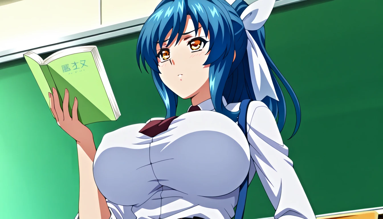 NSFW, masterpiece, (best quality: 1.2), long hair, blue eyes, green hair, worns, big breasts, evil_smile, sexy, ((NURSE)), red lipstick, fishnet stocking, ((seducing a boy)), breast-feeding