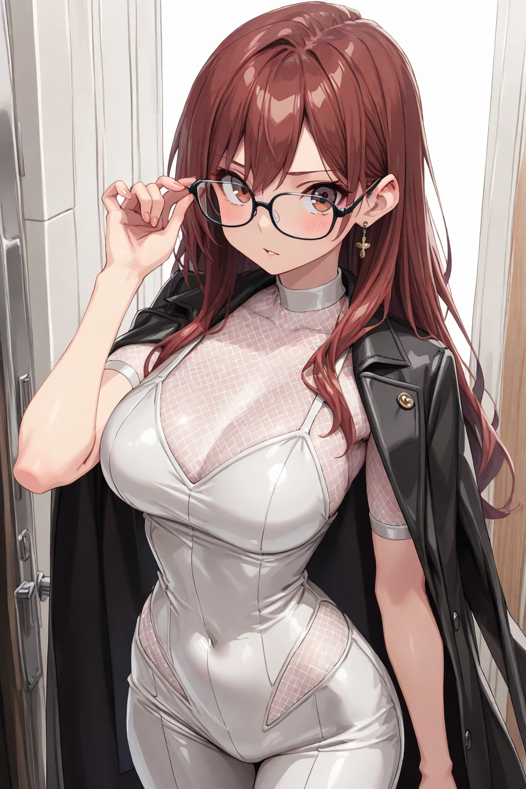 NSFW、1 woman、brown hair(long)、brown eyes、black round glasses、 best quality、Super detailed、8K resolution、Raw photo、muste piece、seductive 、gorgeous face、perfect body、Bunny girl