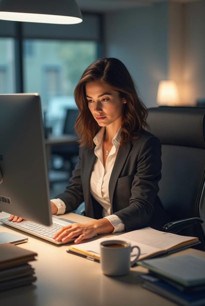 A brunette woman, medium wavy hair, slim, sitting at a desk in an office