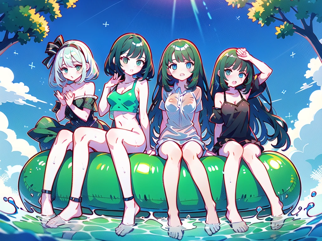 Two more dark blue and light blue hair mermaids sat in the deep ocean A mermaid