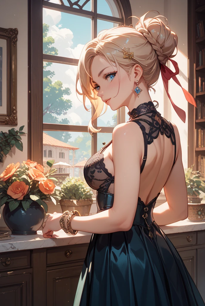 Big round breasts, she is a grown woman ((she is beautiful and cute)), (blonde hair with braid, pearls in the braid, beautiful earrings, choker), double eyelids, blue eyes, clear and detailed, hyper detailed, effect of light in the eyes, detailed iris, sensual body, ((beautiful black dress with a single strap, fanciful decorated with red flower embroidery on the delicate and elegant dress with beautiful details, beautiful and cool)), ((masterpiece, hyper realistic , hyper detailed, best quality, 16k, light and shadow on the skin, vivid colors)), eyeliner, thin eyebrows, sensual expression, perfect lips, innocent and sexy face, ((skin with light and shadow), beautifully seductive and embarrassed woman , passionate expression, shy smile ((she is a beautiful woman with a beautiful body)), flirting with the viewer, beautiful, charming, ((in the flower garden, in the castle in the distance)), (body tilt) (( elegant sensual pose from behind))