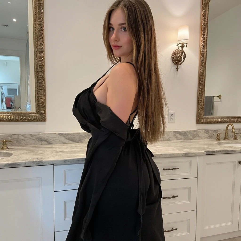 Emlouise a woman 29 years old posing for a selfie in the mirror, long blonde hair, wearing black open dress