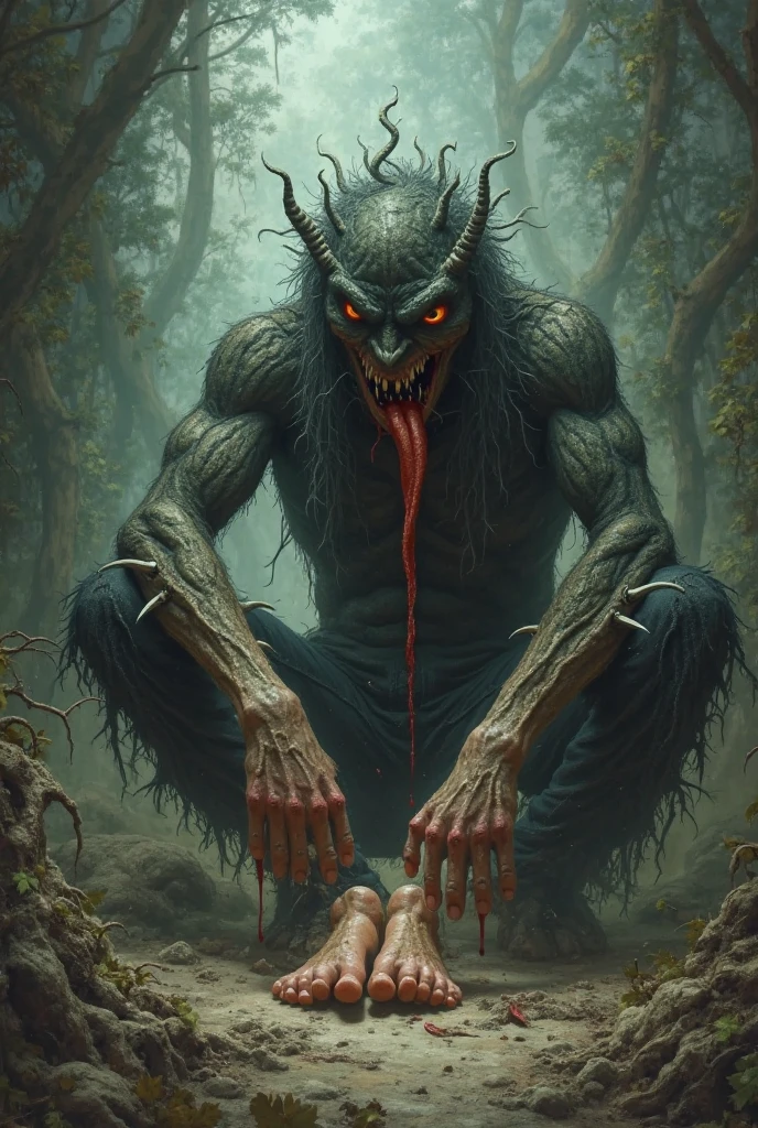 Terrifying most creepy creature sitting in front of half eaten him and body in dark forest
