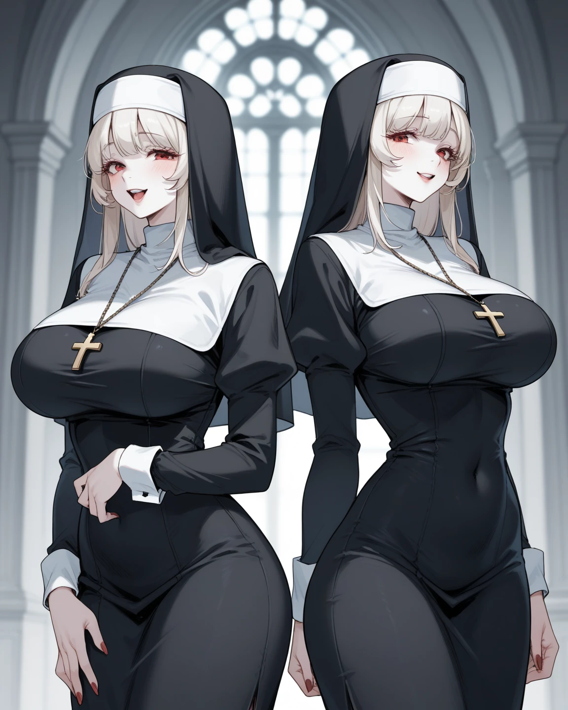 long dark hair / big tits / brown eye / nun outfit
