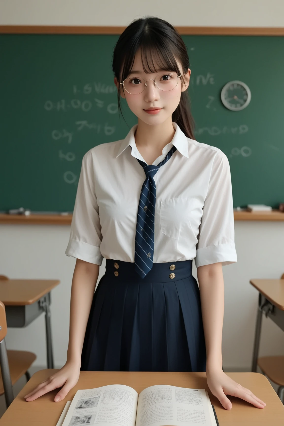 (1girl), solo, long_hair, wearing(student-uniform, neckties, shirtsleeves), photo(medium-shot), portrait, pov, blurry_background, Background(classroom, chair, table), (8k, photorealistic, absurdres, best_quality:1.55),