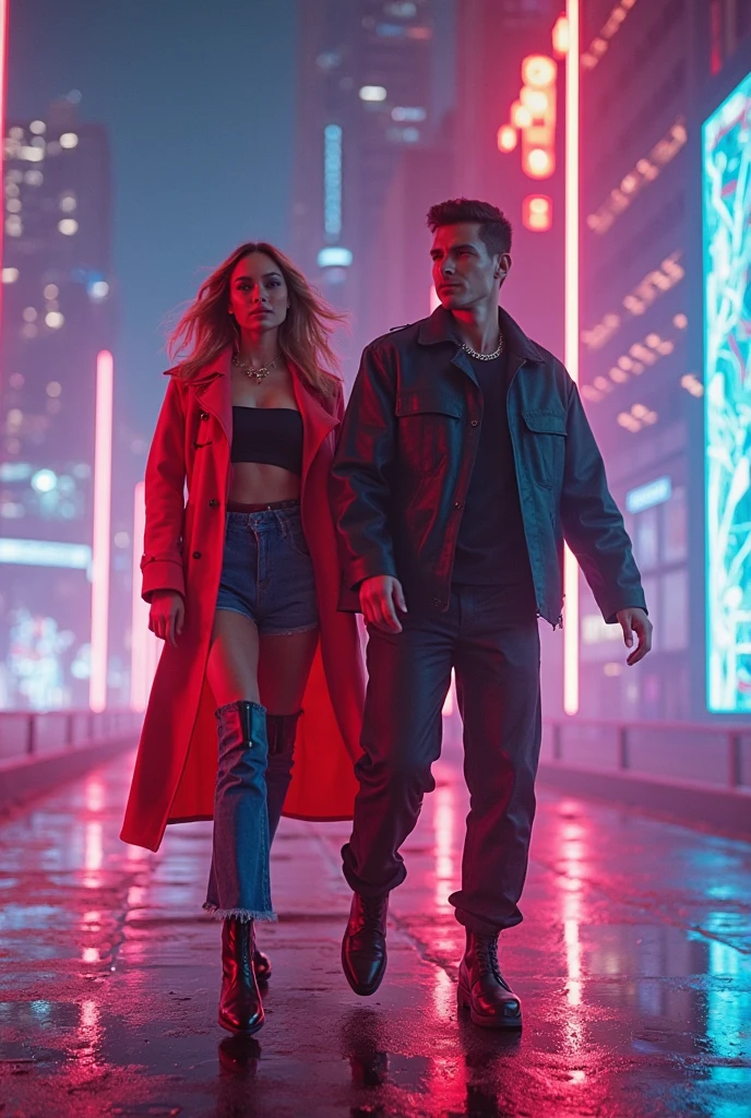 Generate an ultra-realistic 4K image featuring a stylish alien and a fashionable human entering a bustling cyberpunk street at night. The alien should have a striking appearance with avant-garde fashion and neon accents, while the human wears trendy, high-tech attire. The street should be vibrant with 1980s retro elements, such as neon lights, holograms, and a VHS aesthetic. Capture the dynamic interaction between the alien and the human as they explore the neon-drenched environment together