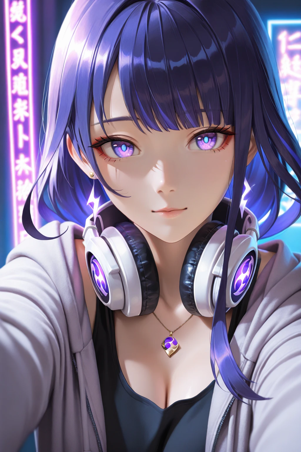 Woman with headphones having a sense of peace, eyes locked, beautiful  face, cores RGB, Bright purple hair, アニメ, Glittering Background, Banner for youtube video, happy girl, extremely attractive and with low breasts, clouds with cores RGB, bright cores RGB.