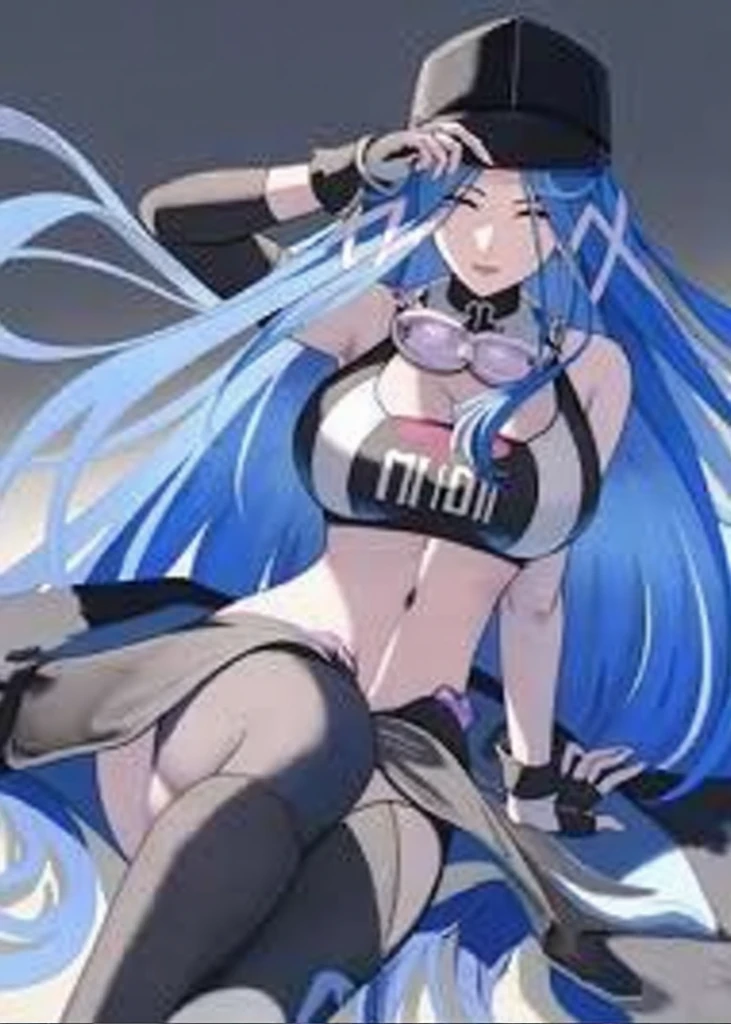1 girl, alone, esdeath, blue eyes, blue hair, long hair, smile, choker, bracelet, cap with visor, (black sadomasochistic suit: 1.4), bare back, latex suit, black boots, tattoo on the chest, interior , bedroom, bed, looking at viewer, from behind, point of view (from below), (cowboy photo: 1.5), (masterpiece: 1.2), best quality, high resolution, unity 8k wallpaper, sexy body, big breasts, medium waist, wide hips, medium thighs, round butt, (illustration: 0.8), (beautiful detailed eyes: 1.6), extremely detailed face, perfect lighting, extremely detailed CG (perfect hands, perfect anatomy),