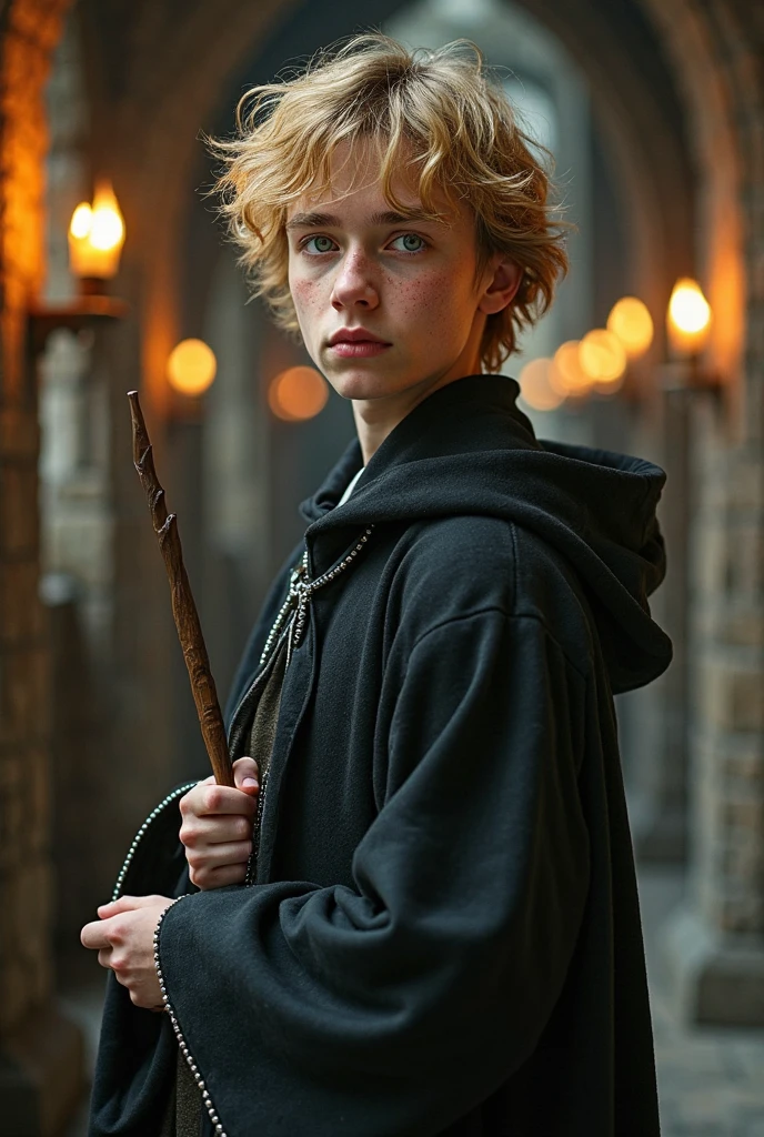 A  boy with blonde hair wearing a black cloak and holding a slender wand with a diameter of 1 centimeter and length of 8 inches at Hogwarts.