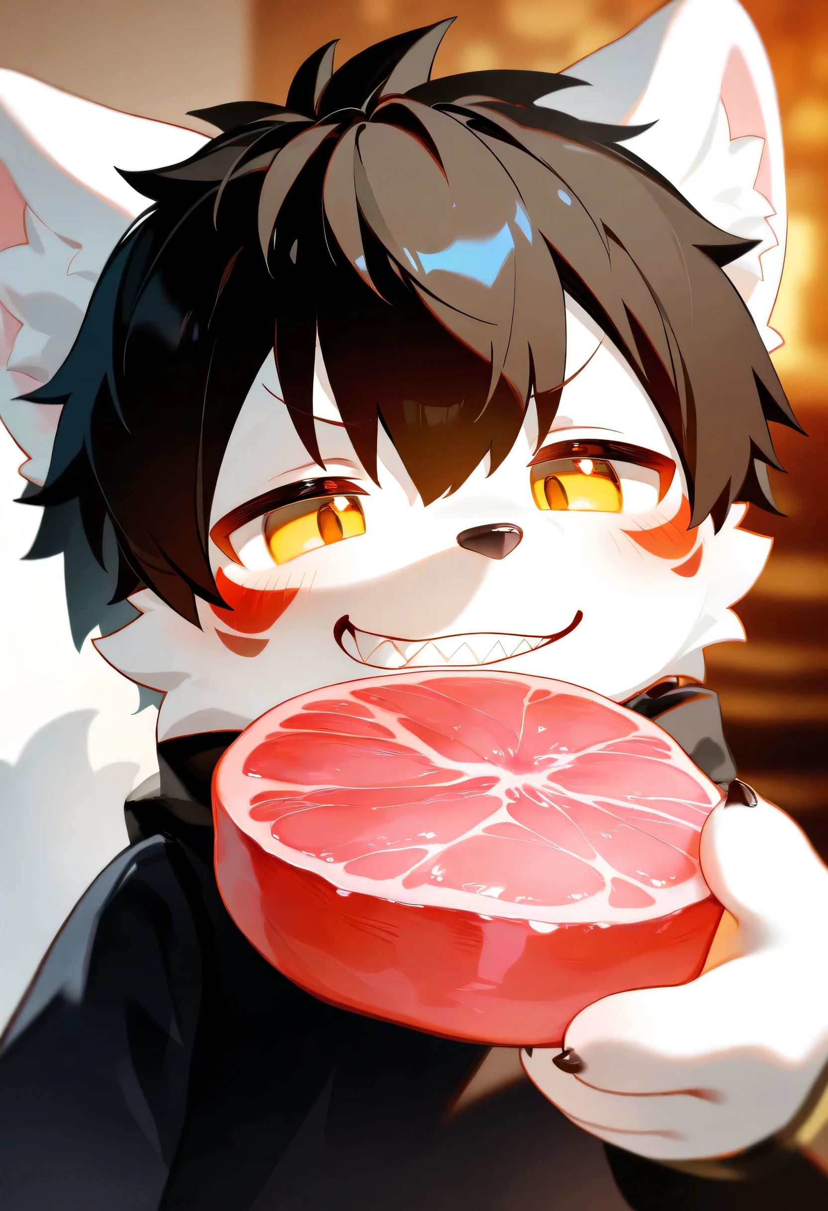 (lv1 _ Rubily ), xi410, 748 cm , alens  , nyalia , Advantages , 1 boy , unique , Furry, cute, beast, Masterpiece, best quality, Very detailed,dark hair and white fur , Wolf,participate, Furry毛 , Little Master,Looks so proud, unique,trend, blurry background with round bubbles ,Smirk，facial markings,showing sharp teeth，pink meat pads