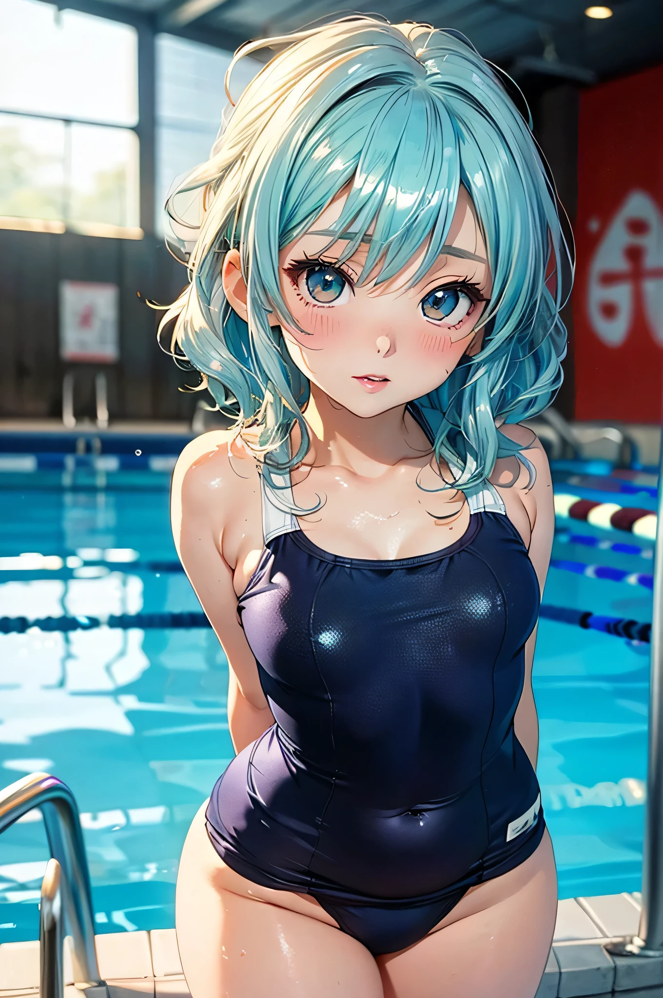 Highest quality, masterpiece, High resolution, Very detailed, Fine skin, Complex eyes, Accurate and perfect anatomy, hatsune miku, Embarrassing, School Swimsuit(Old School Swimsuit , Dark blue scoop water), Outdoor swimming pool, School swimming pool