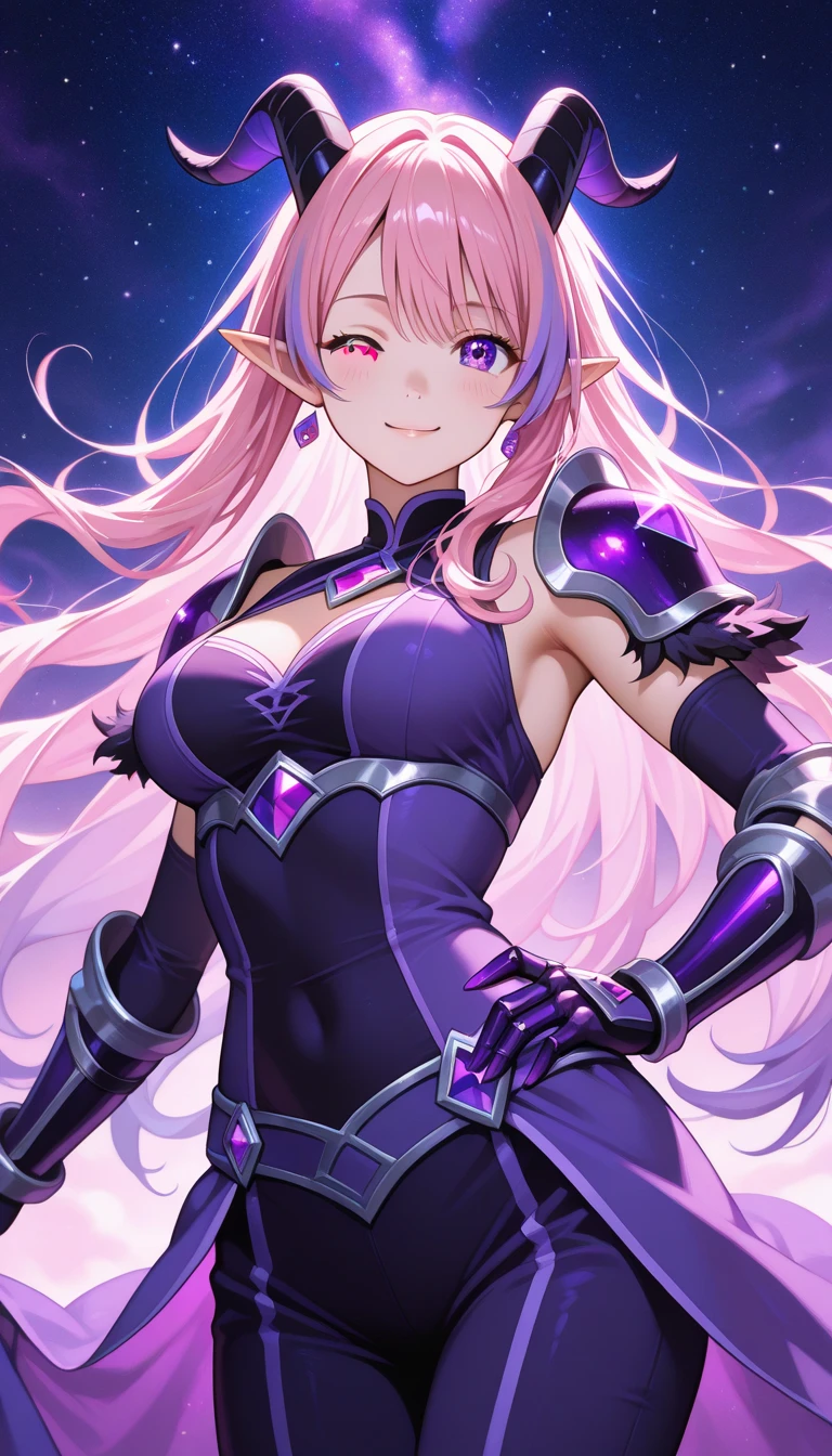 akniht,long purple hair,pointy ears,red eyes,
hairband,armor,gauntlets,  
tie between cleavage,
night,stars,smile,
standing,upper body,
(insanely detailed, beautiful detailed face, masterpiece, best quality),<lora:ArmorKnight:0.8>,